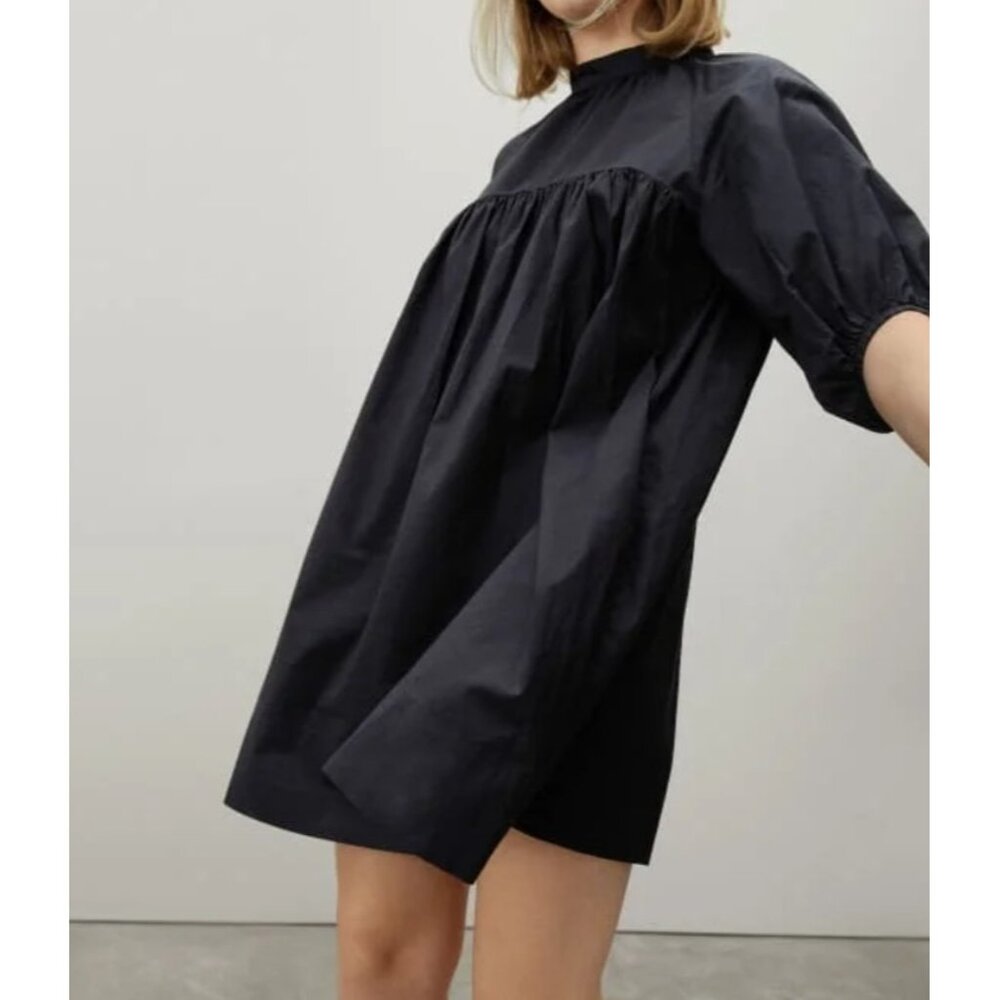 Everlane Womens Black Cotton Poplin Short Puff Sleeve Shirred Mini Dress Sz M